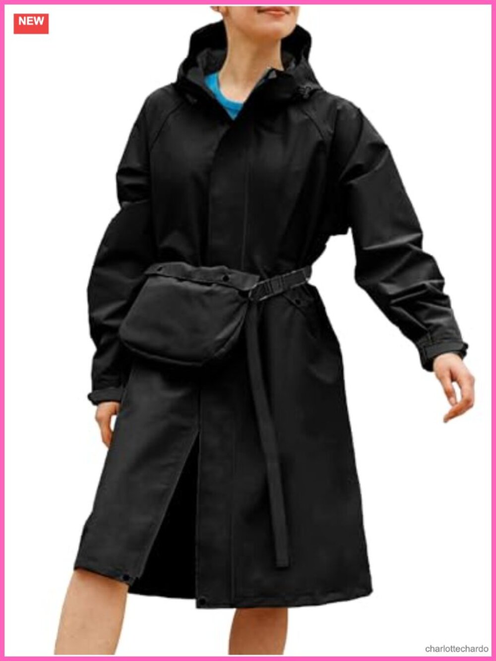 Waterproof Hooded Rain Jacket Windbreaker Trench Coat with Convertible Bag